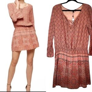 NWT Sanctuary Long Sleeve Geometric Orange Print Mini Dress Boho Hippie Size XL